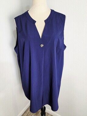 Loness Sleeveless Navy Blue V-Neck High-Low Top with One Accent Button, Size 2X